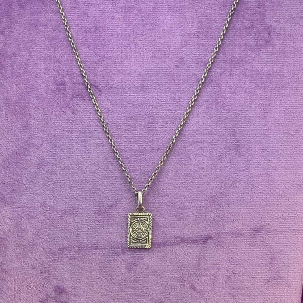 Vintage Sterling Silver Aztec Calendar Pendant Necklace unisex